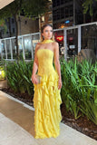 Gorgeous Yellow Strapless Sleeveless Chiffon Prom Dresses Ruffles Sheath With High Slit HZ0311