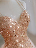 Luxury Evening Dresses Train Bride Beach Party Gold Sequins Douber Straps Prom Dresses Formal Gowns HZ0311