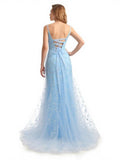 Floral Blue Mermaid Spaghetti Straps Maxi Long Party Prom Dresses Vestidos De Dia HZ0311
