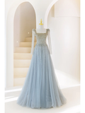 Simple A Line Square Neck Tulle Long Prom Dresses With Beaded Impress 18th Birthday Outfits Prom Gown HZ0311