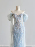 Luxurious Mermaid Off The Shoulder Light Sky Blue With Short Sleeves Prom Dresses Long Evening Formal Birthday Party Gowns HZ0311