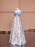 Gorgeous A line Off The Shoulder Blue With Sleeves Satin Formal Evening Dress Gowns Prom Dresses HZ0311