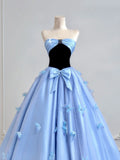 Timeless Ball Gown Strapless Blue Satin With Bow-knot Long Prom Dresses Inspiration Party Gowns HZ0311