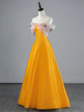 Modest A line Off The Shoulder Orange Appliqued Lace Satin Long Prom Dresses Night Formal Dresses HZ0311