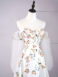Modest A line Sweetheart Floral White College Formal Outfit With Long Sleeves Prom Graduation Dresses For Teens HZ0311