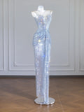 Sparkly Mermaid Scoop Neck Silver Sequin With Beaded Long Prom Dresses Formal Dress Party Birthday Outfits HZ0311
