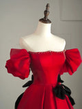 Modest Night Aesthetic Ball Gown Off The Shoulder Red Satin College Formal Sweet 16 Outfit Long Prom Dresses For Teens HZ0311