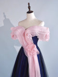 Modest Night Aesthetic Ball Gown Off The Shoulder Blue Pink Tulle College Formal Sweet 16 Outfit Long Prom Dresses For Teens HZ0311