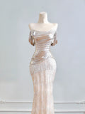 Sparkling Mermaid Off The Shoulder Champagne Sequin Long Prom Dresses Impress 18th Birthday Outfits Party Gown HZ0311