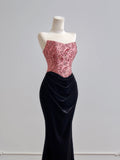 Flattering Mermaid Strapless Pink Satin With Velvet Black Prom Dresses Long Evening Formal Birthday Party Gowns HZ0311