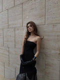 Vintage Mermaid Strapless Black Polka Dots Wedding Guest Dress Satin Long Prom Dresses Semi Formal Gown HZ0311