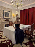 Simple Mermaid Strapless Black With Ruffles Satin Long Prom Dresses Inspo Semi Formal Gown HZ0311