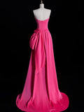 Simple Mermaid Strapless Pink Satin Pleated With Satin Long Prom Dresses Formal Gowns HZ0311