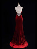 Stunning Mermaid Scoop Neck Burgundy Velvet With Tassels Prom Dresses Inspiration Evening Dress Princess Graduation Gown HZ0311