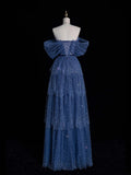 Modest A Line Off The Shoulder Navy Blue Tulle Prom Dresses With Sleeves Inspiration Party Gowns Princess Formal Dress HZ0311