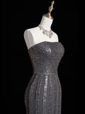 Sparkly Mermaid Strapless Silver Grey Sequins Senior Prom Dresses High School Long Formal Dress HZ0311
