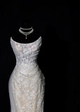 Chic Long Wedding Dresses White Mermaid Strapless Lace Long Wedding Dress For Brides Fitted With Train Bridal Gowns HZ0311