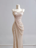 Modest Mermaid Spaghetti Straps Champagne Sequin Long Prom Dresses Impress 18th Birthday Outfits Party Gown HZ0311