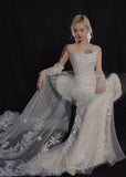 Romantic Long Wedding Dresses White Mermaid Strapless Lace Long Wedding Dress For Brides Fitted With Train Bridal Gowns HZ0311