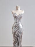 Shiny Mermaid Sweetheart Silver Sequin Prom Dresses Long Evening Formal Gown With High Slit Party Gowns HZ0311