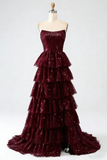 Sparkly Ball Gown Strapless Burgundy Prom Dresses Fashion Evening With Slit Sequin Long Formal Party Gowns HZ0311