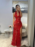 Modest Mermaid Halter Red Slit Lace Long Formal Prom Evening Dress Dinner Outfits Party Gowns For Teens Girls HZ0311