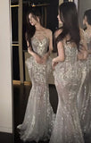 Sparkly Mermaid Sweetheart Silver Sequin Long Prom Dresses Senior Graduation Dance Evening Outfits HZ0311