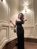 Elegant Black Sheath Spaghetti Straps Sleeveless Long Prom Dresses 18th Birthday Outfits HZ0311