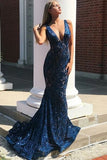 Mermaid Deep V-neck Wide Strap Floor Length Court Paillette Crochet Flower Prom Dresses Evening Dress HZ0311