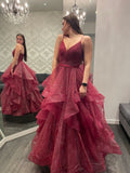 Ball Gown Spaghetti Straps Ruffled Long Prom Dress Burgundy Prom Dresses Birthday Gowns HZ0311