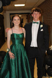Sparkly A Line Spaghetti Straps Silky Satin Dark Emerald Green Long Prom Dresses Impress 19th Birthday Outfits Party Gown HZ0311