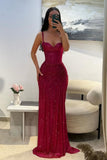 Hot Pink Glitter Bodycon Prom Dresses 2026 with Sweetheart Neck Spaghetti Straps Ruched Side Slit Vestidos Evening Gowns HZ0311