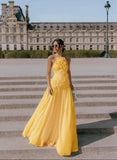 Elegant A line Halter Yellow Prom Dresses Chiffon Pleated Ruffle Formal Evening Dress Party Gowns HZ0311