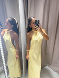 Simple Mermaid Halter Slim Yellow Silky Satin Long Formal Fancy Prom Backless Evening Dress Dinner Outfits Classy Party Gowns HZ0311