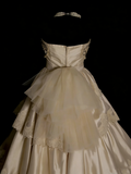 Vintage 70s Ball Gown Strapless Champagne With Appliques Lace Wedding Dress Fairytale Bridal Dresses HZ0311
