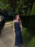Aesthetic Mermaid Strapless Navy Blue Sequins Long Formal Dresses With Slit Evening Prom Dress HZ0311