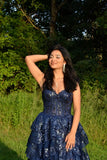 Special Ball Gown Sweetheart Strap Dark Navy Blue Lace With High Slit Sleeveless Long Prom Dresses Inspo Prom Gown HZ0311