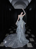 Sexy Mermaid Strapless Silver Sequin Long Prom Dresses Inspiration Party Dress Prom Gown HZ0311