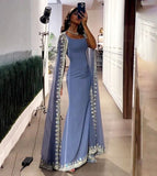 Vintage Dusty Blue Mermaid Evening Dress Applique Beaded Prom Dress Unique Cape Design Long Party Dress Birthday Outfits HZ0311