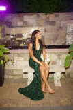Beautiful Mermaid V Neck Dark Emerald Green Sequin Slit Long Prom Dresses Inspiration Prom Gown HZ0311
