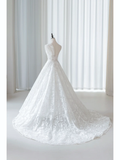 Simple Ball Gown One Shoulder Tulle Lace White Fit And Flare Long Floor Length Pleats Wedding Dress HZ0311