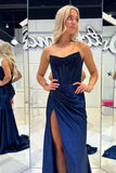 Elegant Mermaid Strapless Navy Blue With Beads Slit Long Formal Prom Evening Dress Dinner Outfits Party Gowns HZ0311