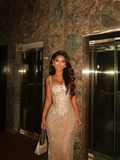 Sparkly Mermaid Square Neck Champagne Sequins Senior Prom Dresses High School Long Formal Dress HZ0311