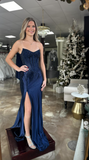 Elegant Mermaid Strapless Navy Blue With Beads Slit Long Formal Prom Evening Dress Dinner Outfits Party Gowns HZ0311
