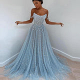 Sky Blue Off-the-Shoulder Prom Dress Long with Sequins HZ0311