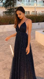 Sexy A line Backless Deep V neck Long Evening Prom Dresses HZ0311