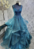 Ball Gown Blue V-neck Tulle Appliques Sequins Long Prom Dress Spaghetti Strap Evening Dress Birthday Gowns HZ0311