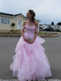 Ball Gown Sweetheart Sleeveless Lace Tulle Pink Long Formal Dresses Prom Dress HZ0311