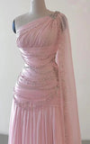 Classy Sheath One Shoulder Pink Long Chiffon Evening Gown Prom Dresses Formal Gowns HZ0311