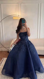 Elegant Navy Blue Strapless Appliques A Line Prom Dress Evening Dress Vestidos De Dia HZ0311